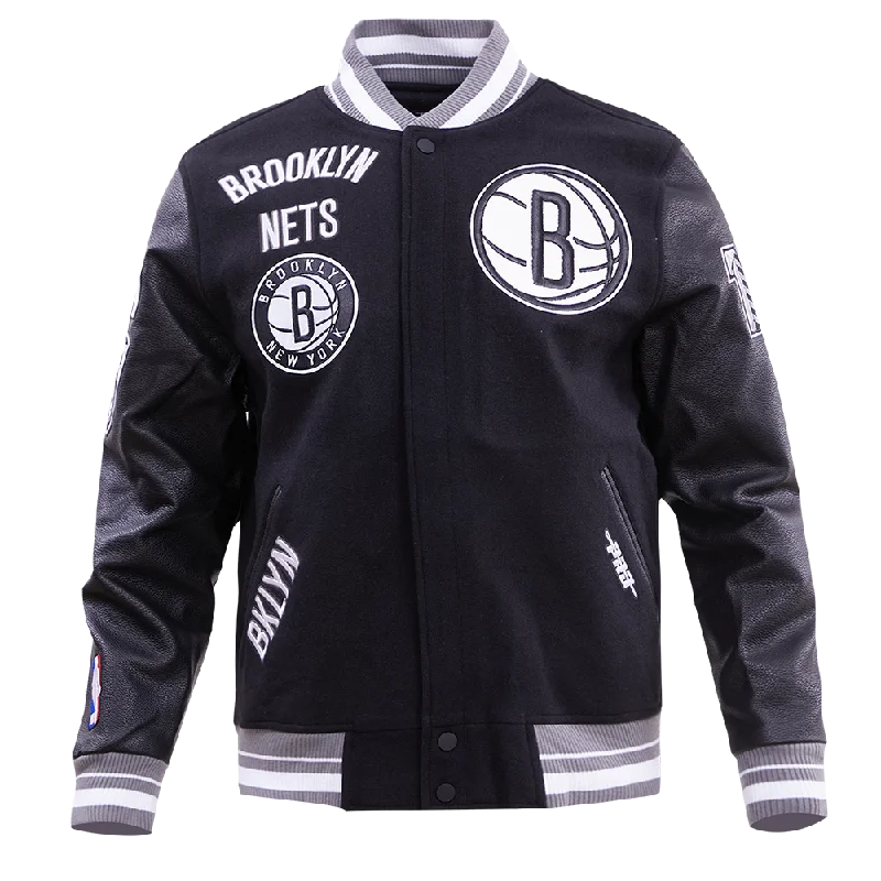 NBA BROOKLYN NETS RETRO CLASSIC MEN'S RIB WOOL VARSITY JACKET (BLACK/GREY)