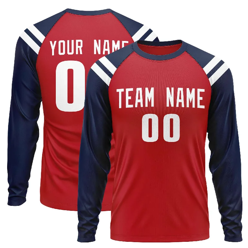 Custom Red Navy-White Crew Neck Personalized Raglan Long Sleeve Performance T-Shirt