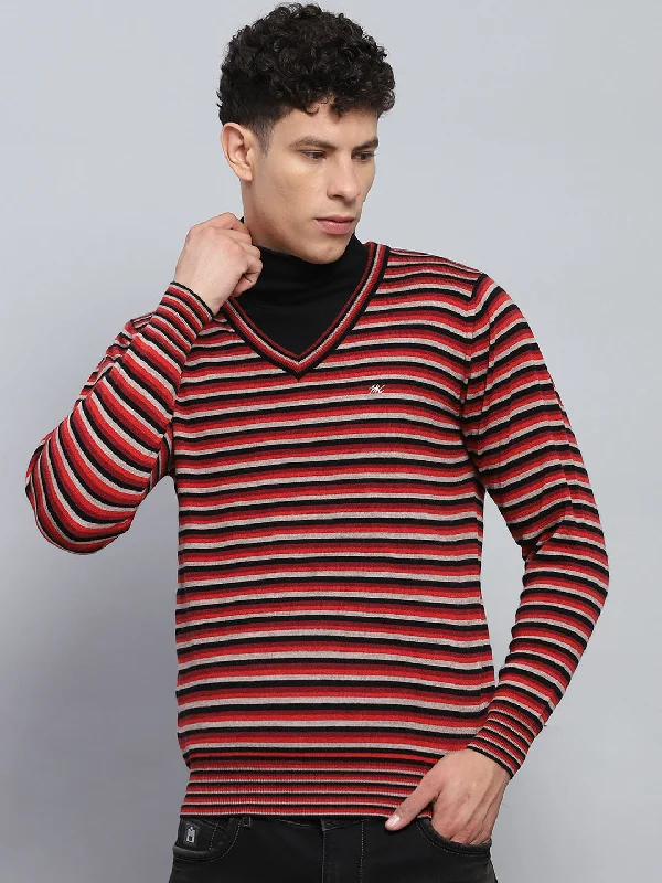 Men Red & Grey Stripe V Neck Full Sleeve Pullover