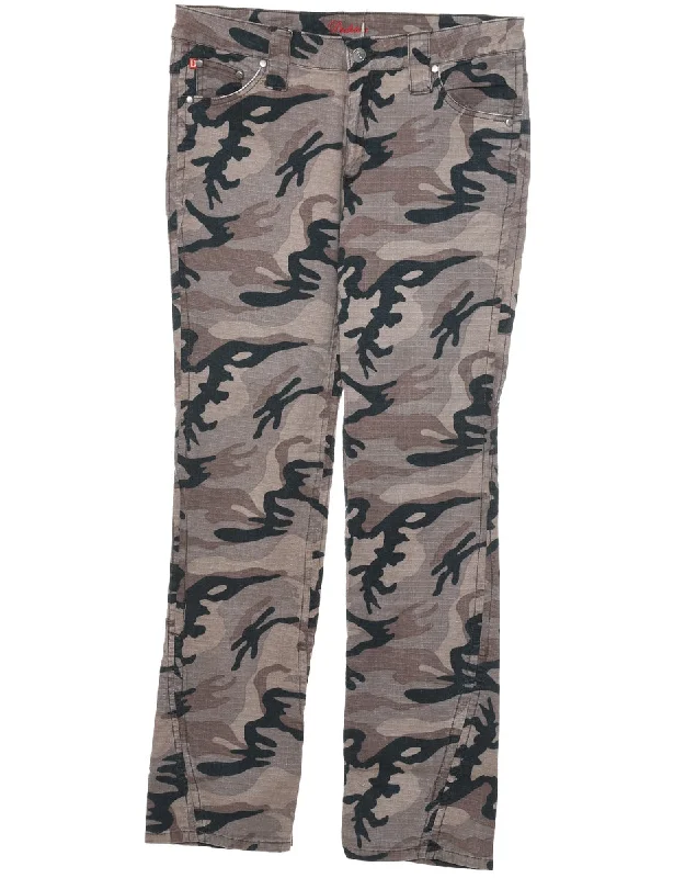 Camouflage Print Grey, Black & White Y2K Trousers - W30 L30