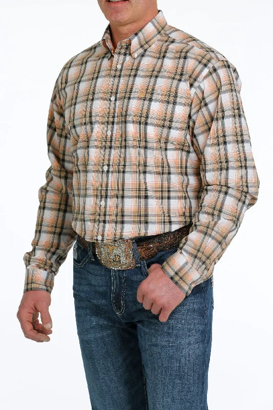 CINCH MENS BLACK & CORAL PLAID LONG SLEEVE SHIRT