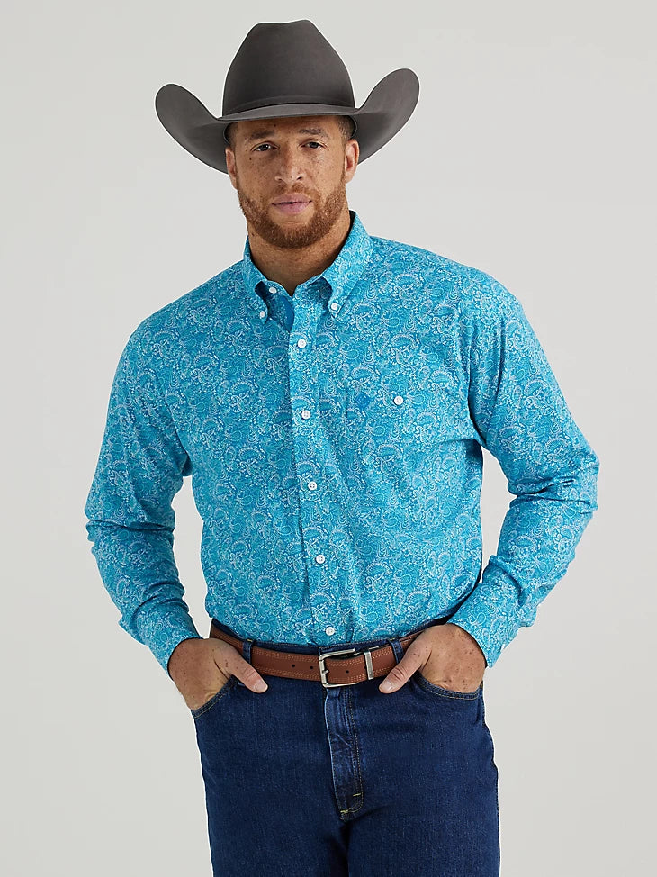 WRANGLER GEORGE STRAIT PAISLEY AQUA LONG SLEEVE SHIRT