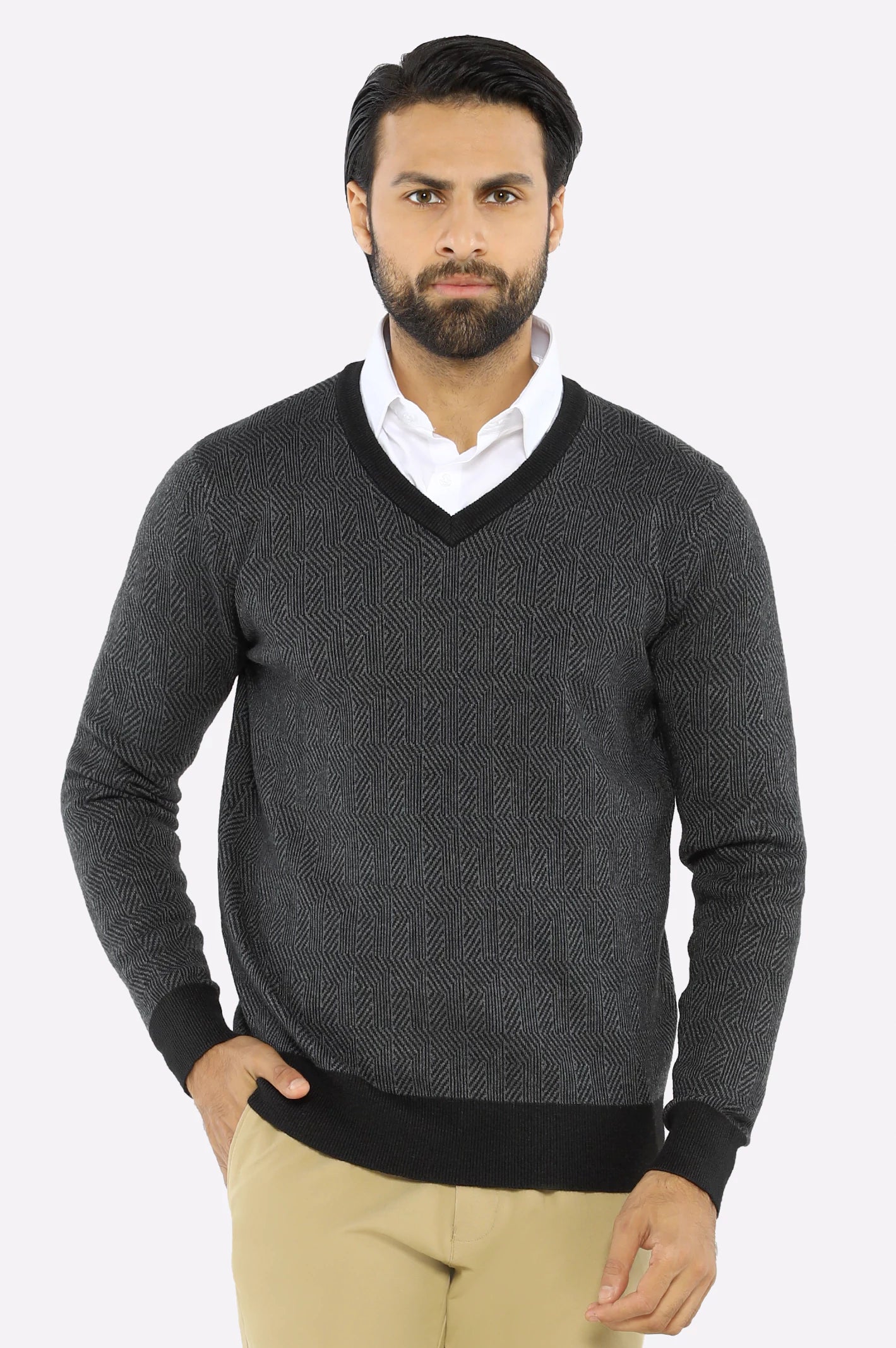 Men V-neck Grey Sleeves Sweater