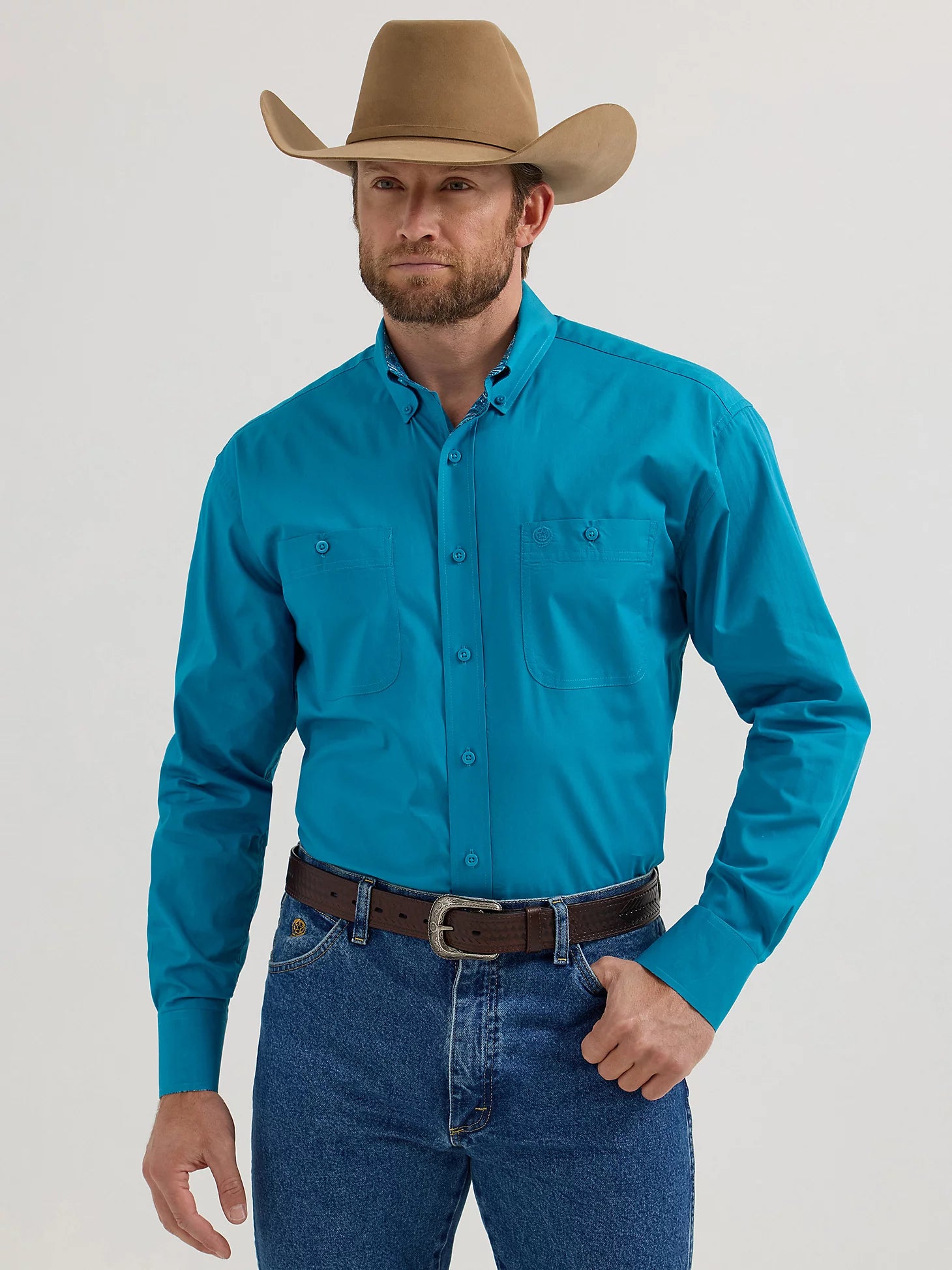 Wrangler George Strait Teal Long Sleeve Button Down Two Pocket Shirt