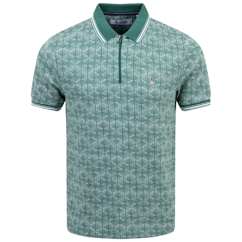 Geometric Jacquard Quarter Zip Cotton Polo Antique Green - SS24