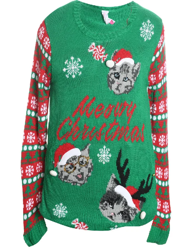 Cat Printed Christmas Jumper - L