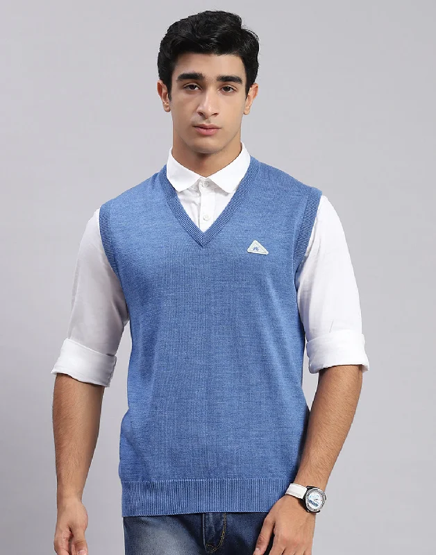 Men Blue Solid V Neck Sleeveless Sweaters/Pullovers