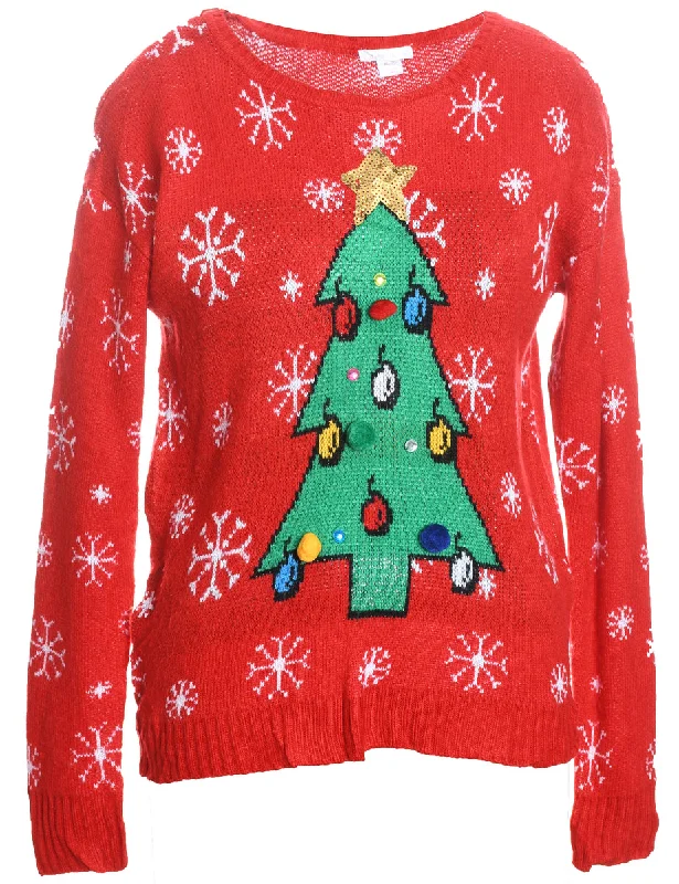 Christmas Tree Design Red Knit Jumper - XL