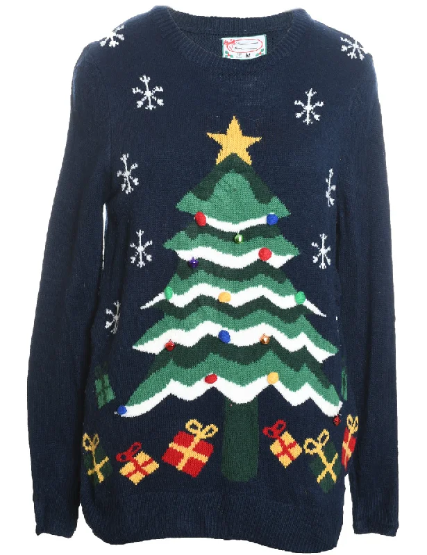 Christmas Tree Design Navy Knit Jumper  - M