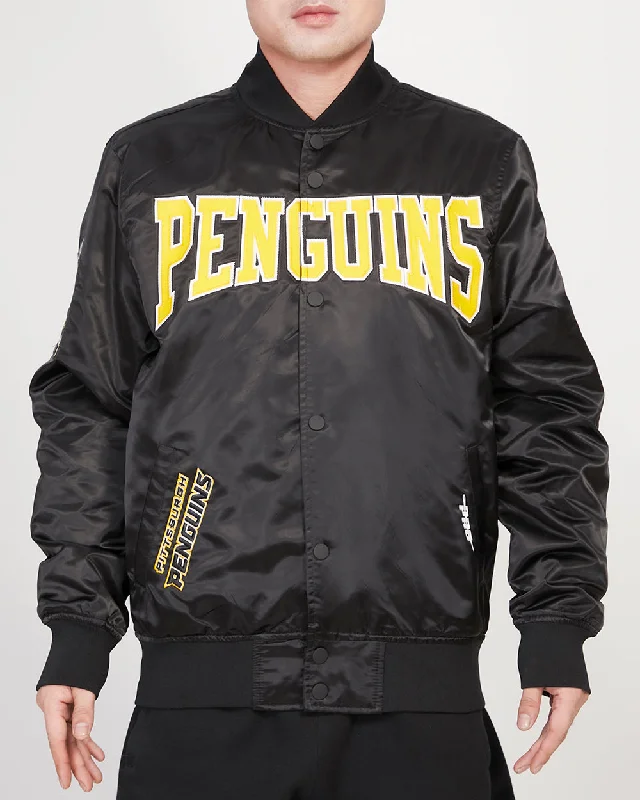 NHL PITTSBURGH PENGUINS CREST EMBLEM MEN'S SATIN JACKET (BLACK)