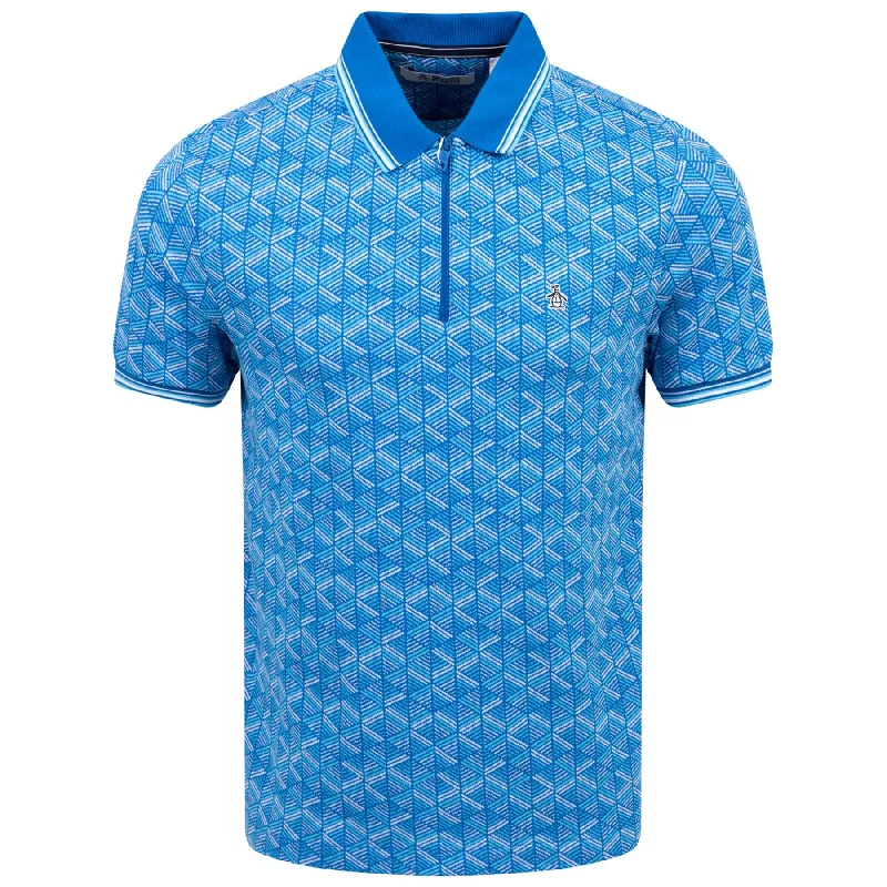 Geometric Jacquard Quarter Zip Cotton Polo Skydiver Blue - SS24