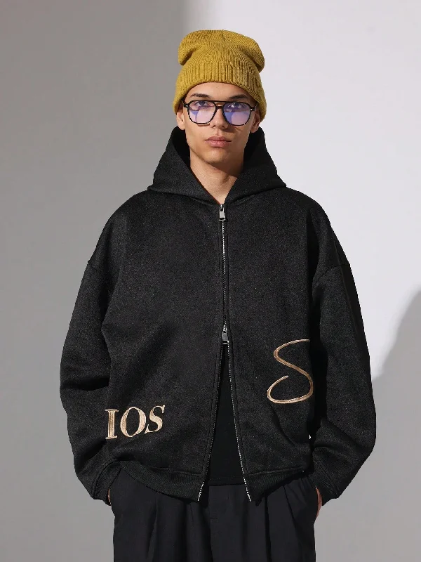 Regular Fit Zip Up Hoodie With Script Embroidery Pattern