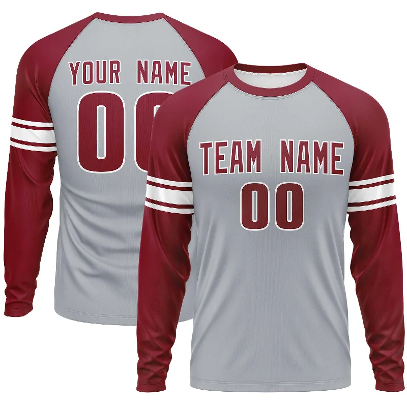 Custom Gray Crimson White Crew Neck Personalized Raglan Long Sleeve Performance T-shirt