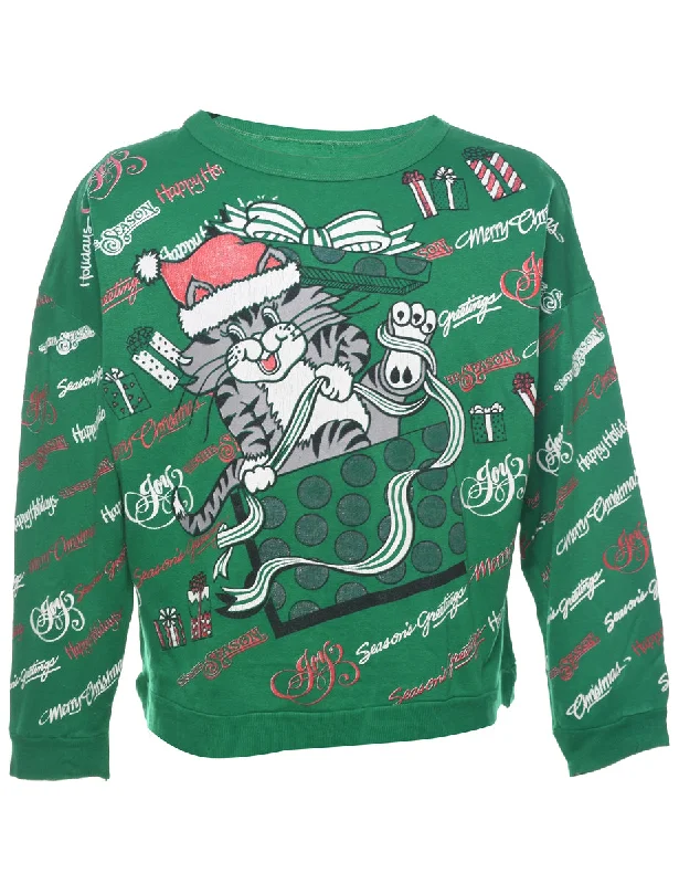 Cat Printed Christmas Sweatshirt - L