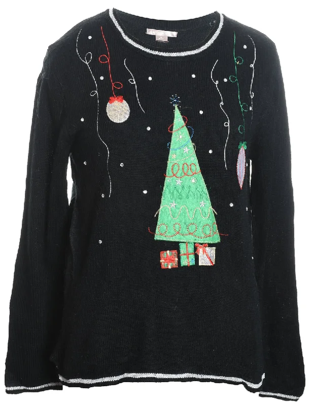 Christmas Tree Design Black Embroidered Knit Jumper - M