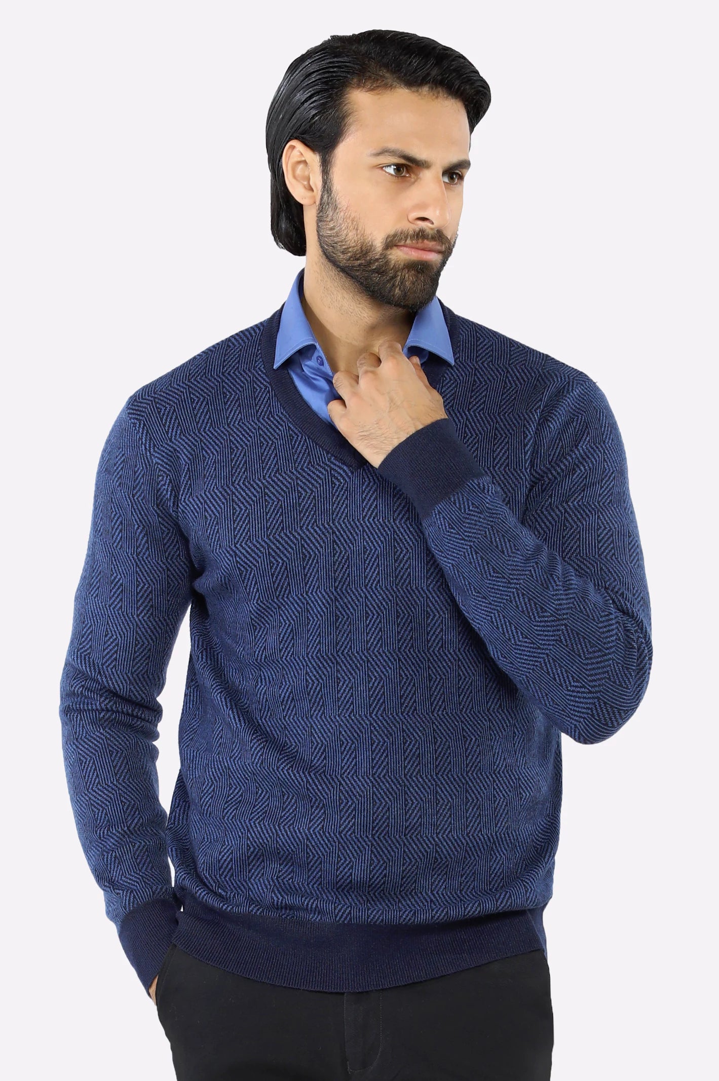 Men V-neck Dark Blue Sleeves Sweater