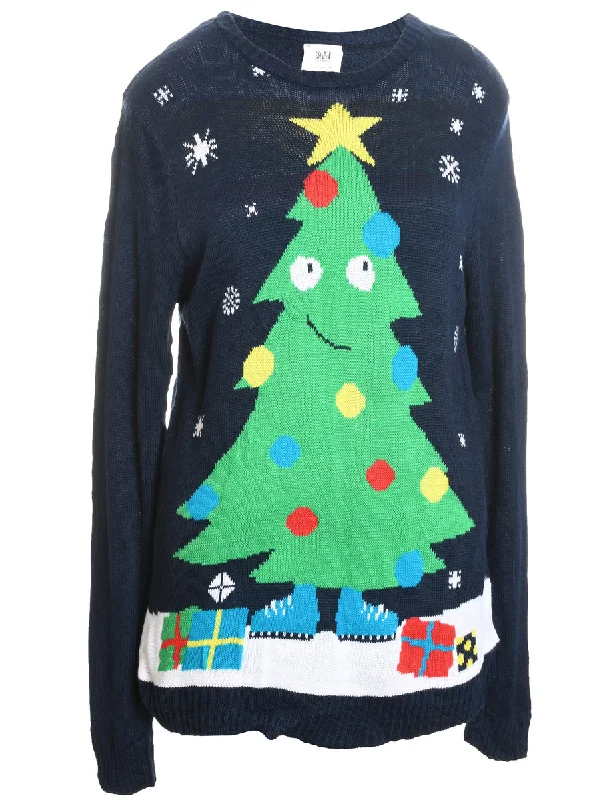 Christmas Tree Design Navy Knit Jumper - M