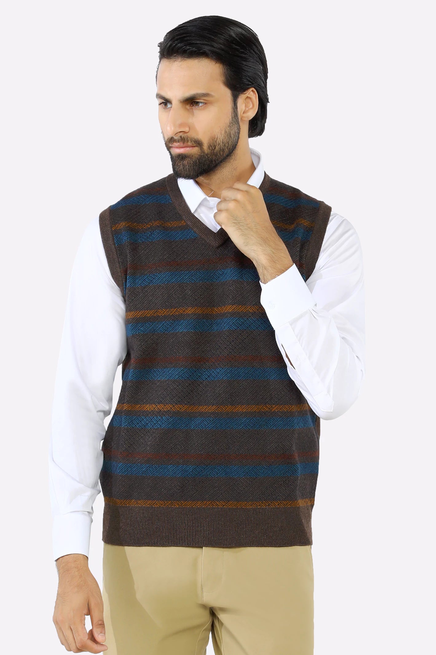 Men V-neck Multi Brown Sleeveless Sweater