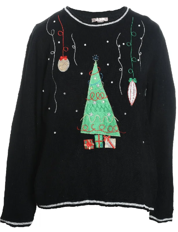 Christmas Tree Design Black Embroidered Jumper - L