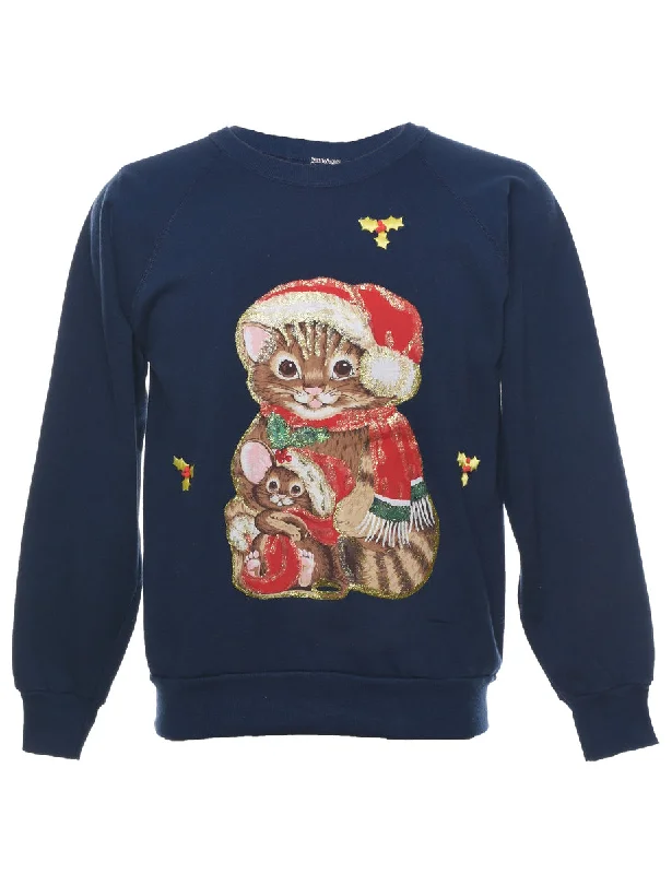 Cat Printed Christmas Sweatshirt - S