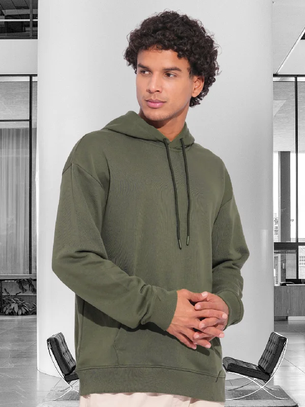 Solid Men Drop Shoulder Premium Terry Hoodie - Olive Green