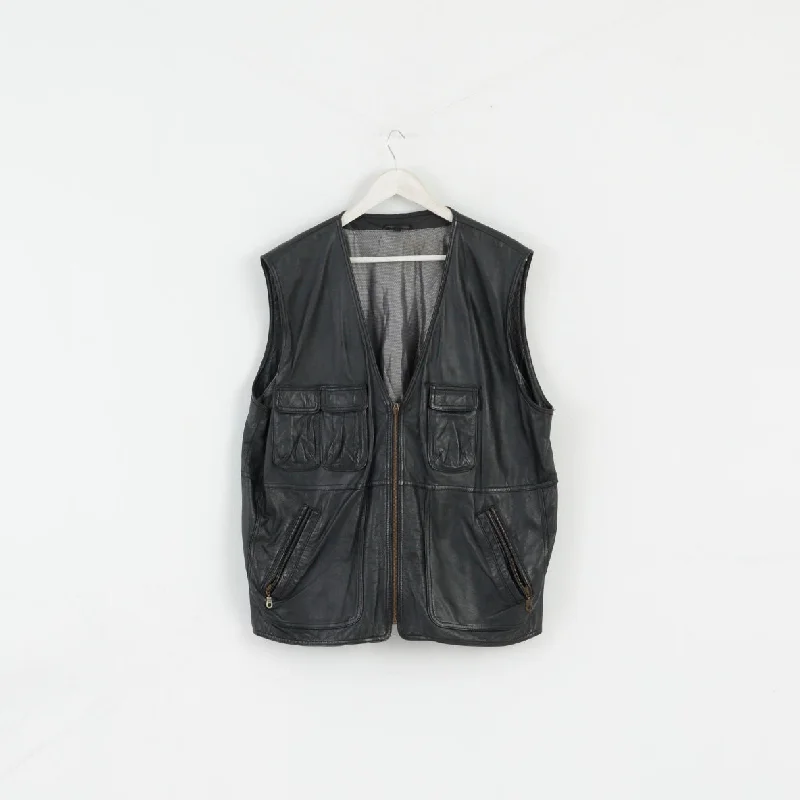 Trapper Original Leatherwear Men 54 L Vest Black Leather Multi Pockets Waistcoat