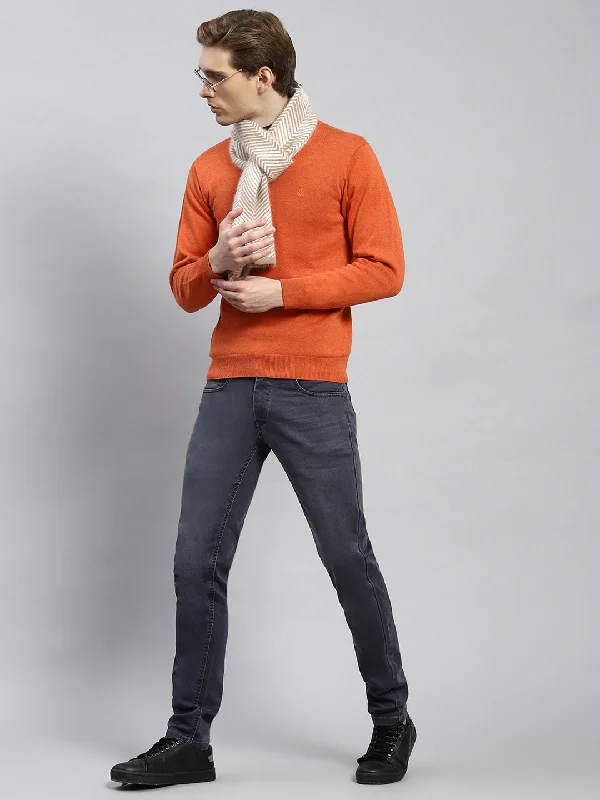 Men Orange Solid Pullover