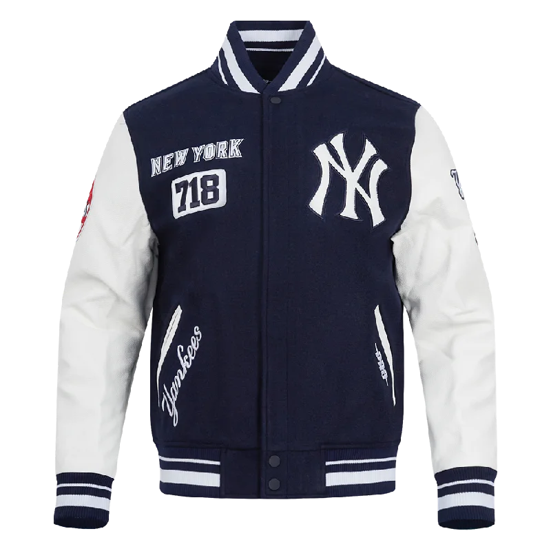 MLB NEW YORK YANKEES AREA CODE MEN'S RIB WOOL VARSITY JACKET (MIDNIGHT NAVY/WHITE)