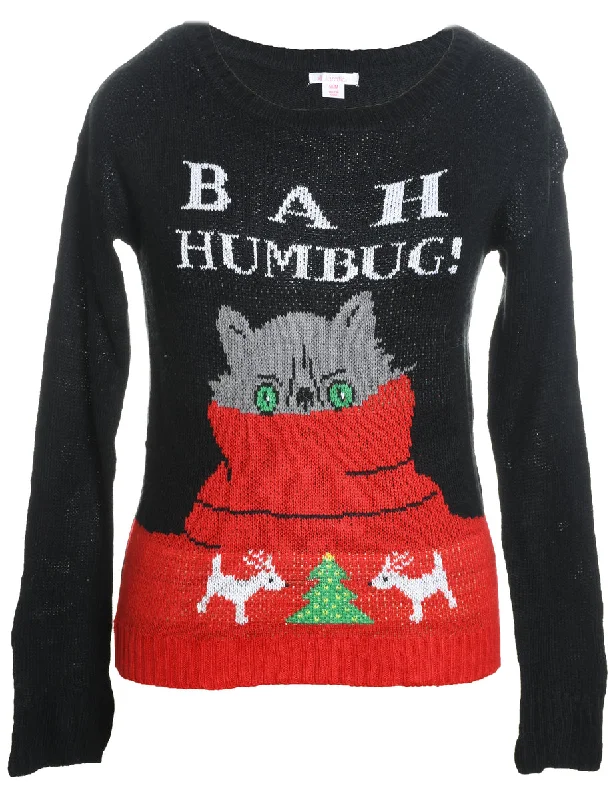 Cat Design Black Knit Christmas Jumper - M