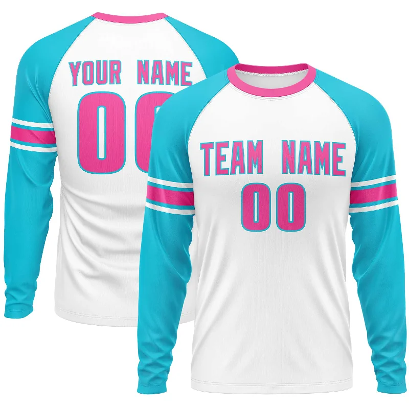 Custom White Sky Blue Pink Crew Neck Personalized Raglan Long Sleeve Performance T-shirt