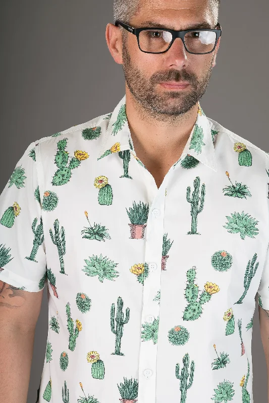 Cactus Plant White Print Cotton Slim Fit Mens Shirt Short Sleeve