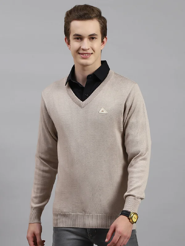 Men Beige Solid V Neck Full Sleeve Pullover