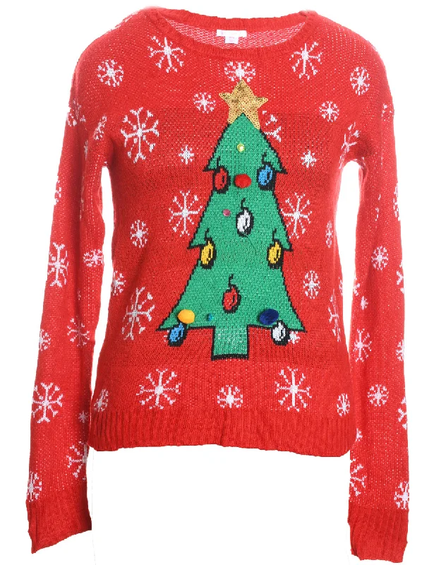 Christmas Tree Design Red Knit Jumper - M