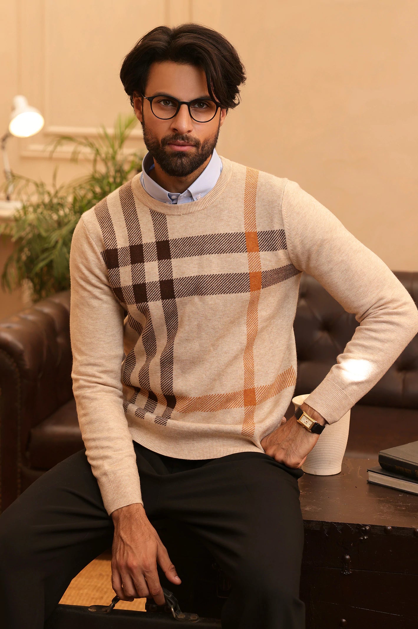 Men Beige Round Neck Sweater