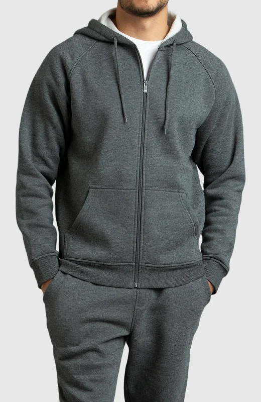 Heather Grey Front Zip Fleece Hoodie