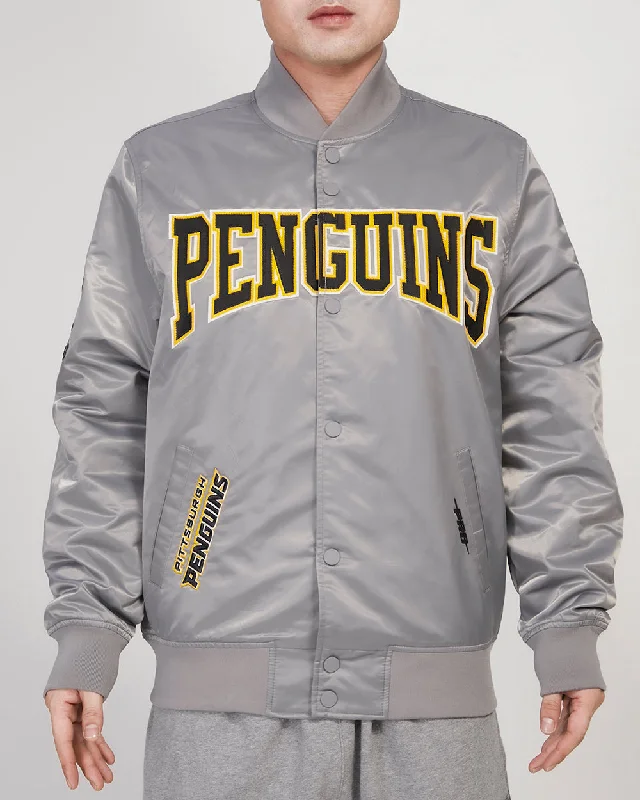 NHL PITTSBURGH PENGUINS CREST EMBLEM MEN'S SATIN JACKET (GRAY)