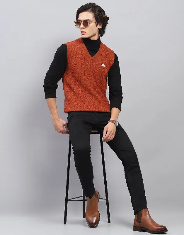 Men Rust Self Design V Neck Sleeveless Sweater