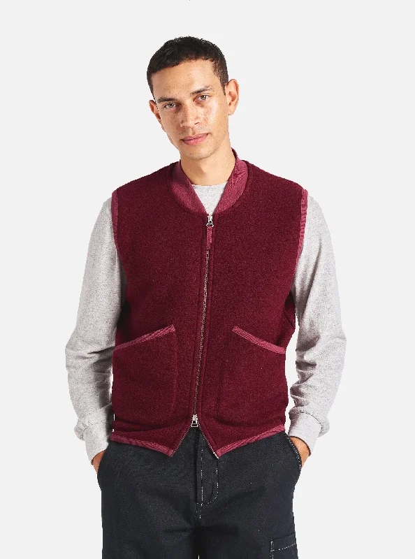 Universal Works Zip Waistcoat in Deep Red Wool Fleece