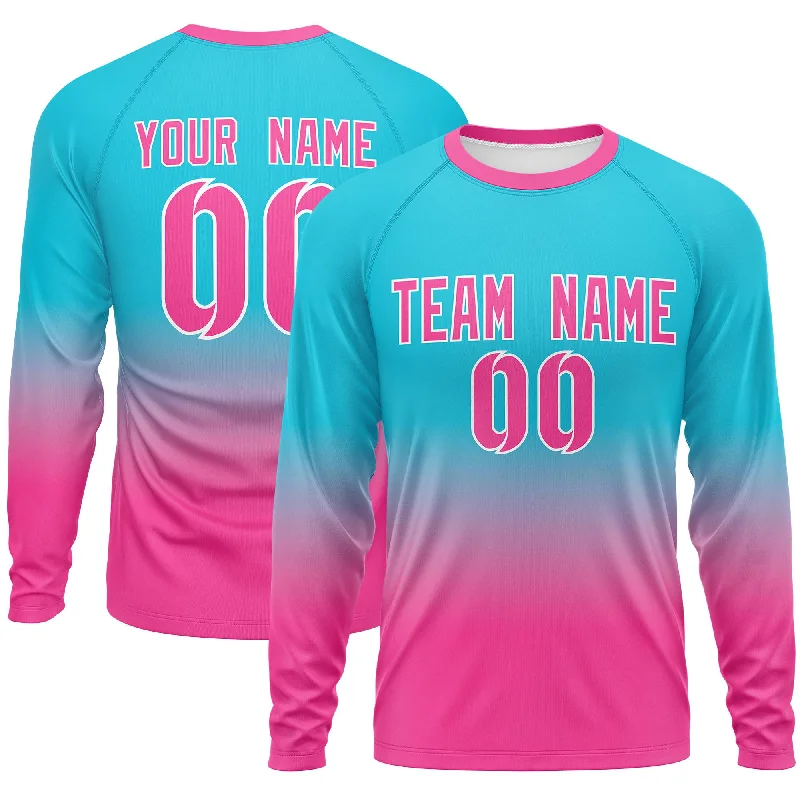 Custom Sky Blue-Pink Gradient Fashion Design Long Sleeve Performance T-Shirt