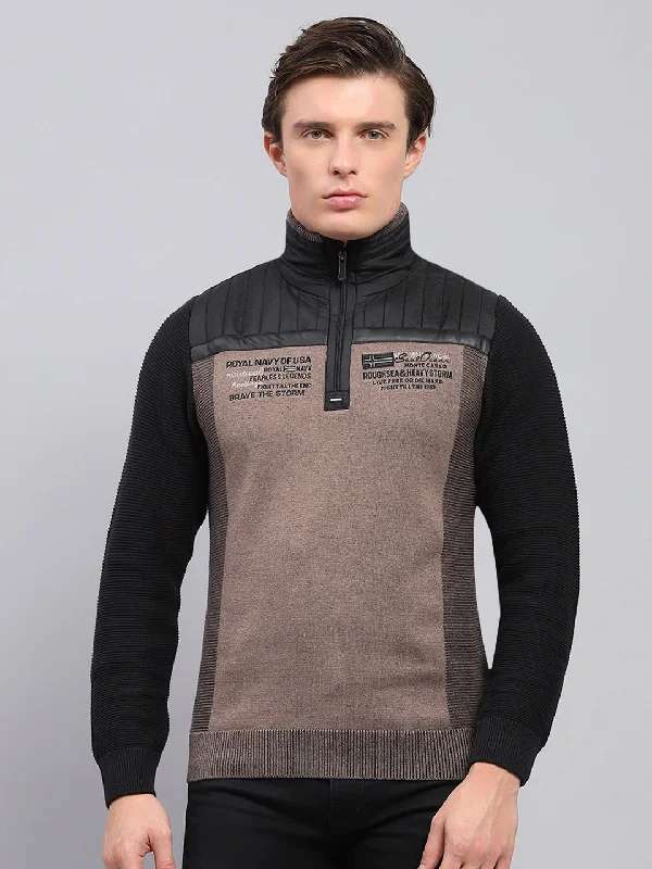 Men Black Printed Mock Neck Full Sleeve Pullover