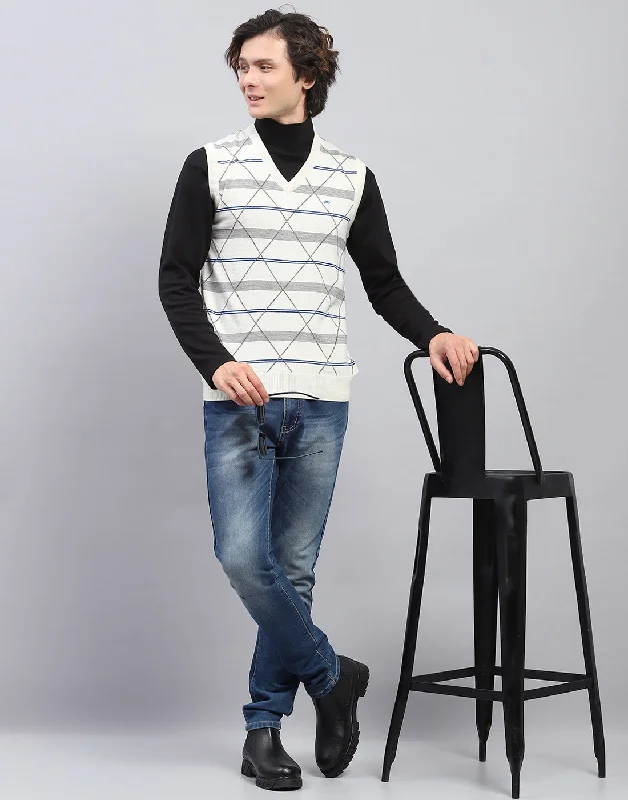 Men Off White Self Design V Neck Sleeveless Sweater