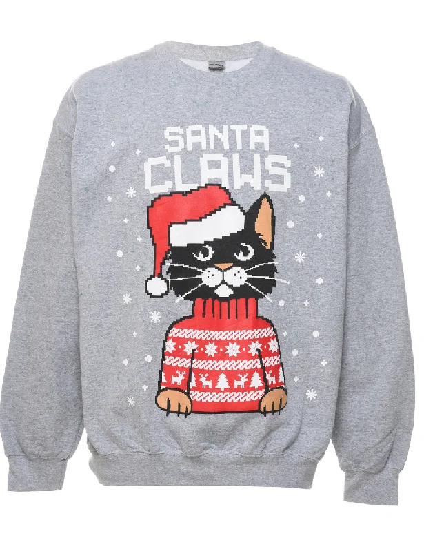 Cat Printed Christmas Sweatshirt - L