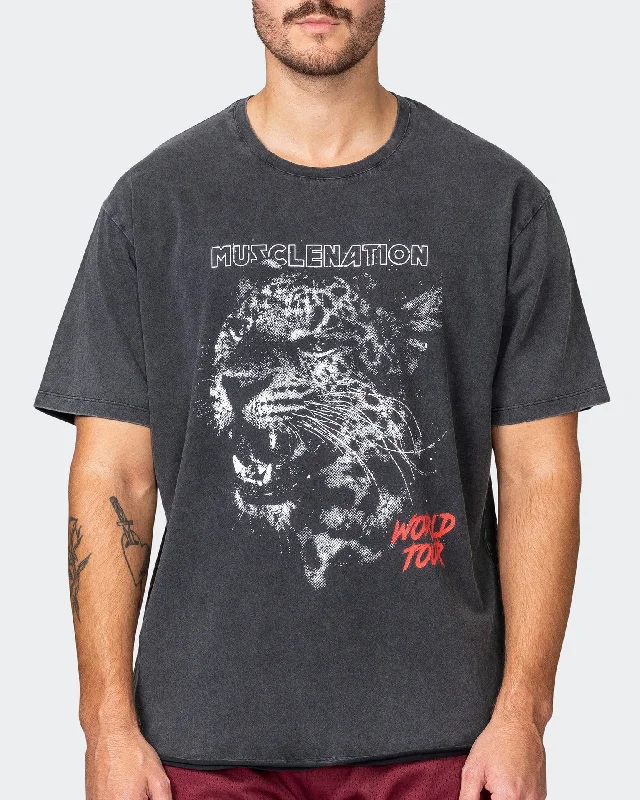 Pay Less Mens Leopard Oversized Vintage Tee - Washed Black